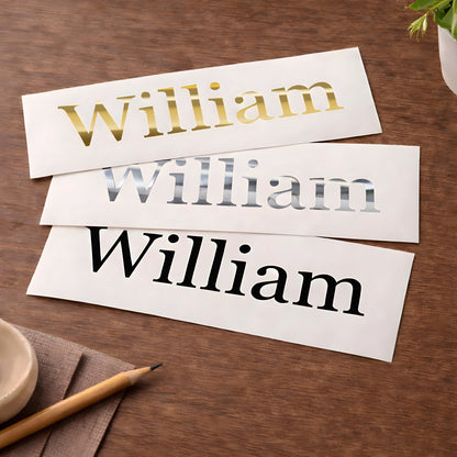 Personalised Name Stickers – Mirror Gold, Silver, Black or White Vinyl Decals